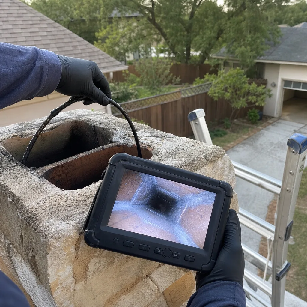 Technician performing a professional chimney inspection with a sewer camera.