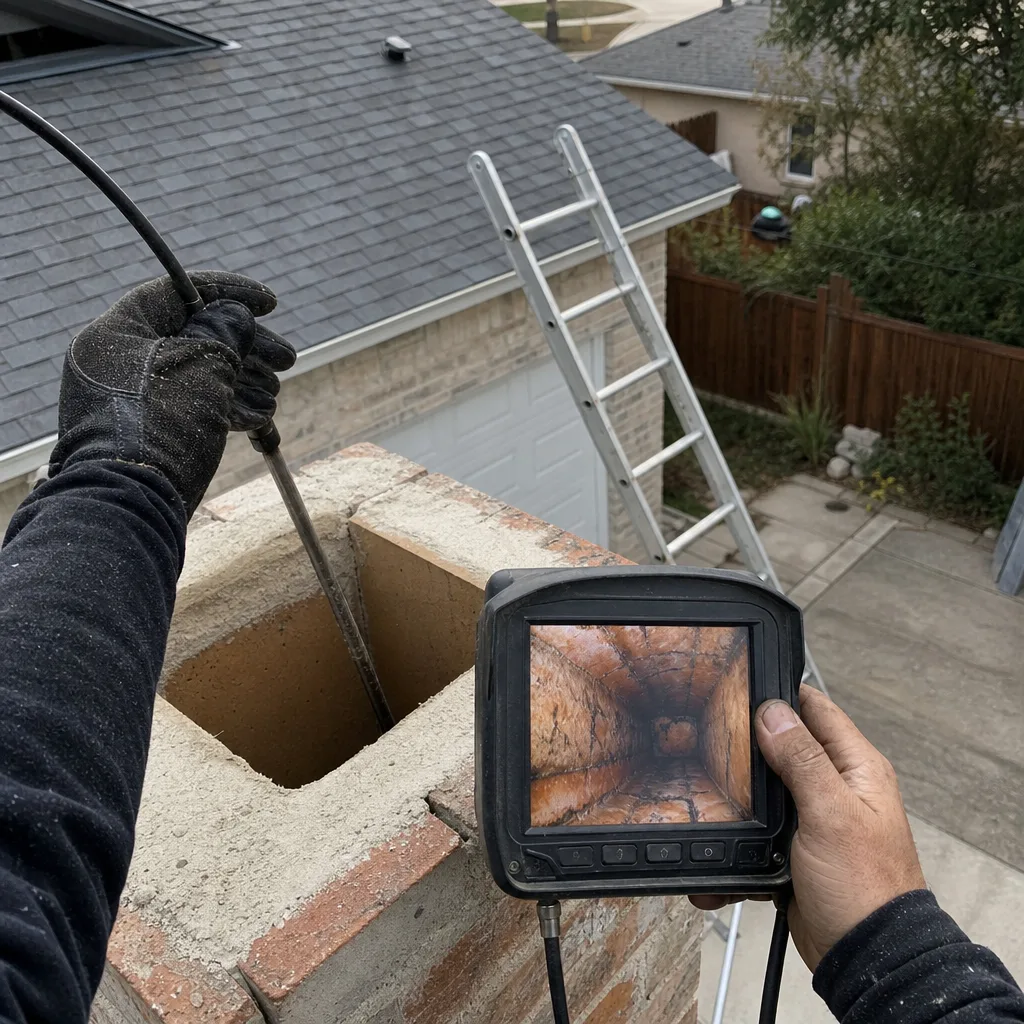 Professional chimney sweep performing a video camera inspection of a chimney flue.