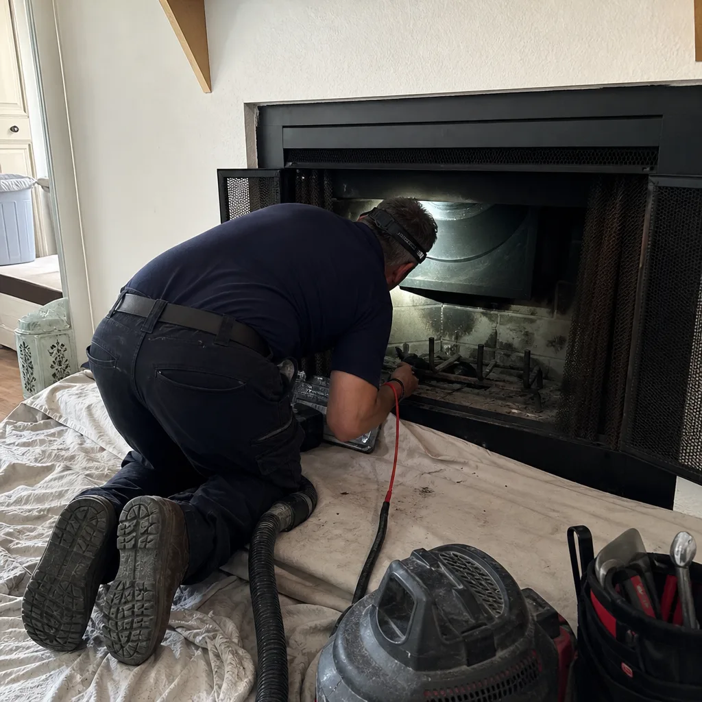 Professional chimney sweep performing a detailed residential fireplace inspection