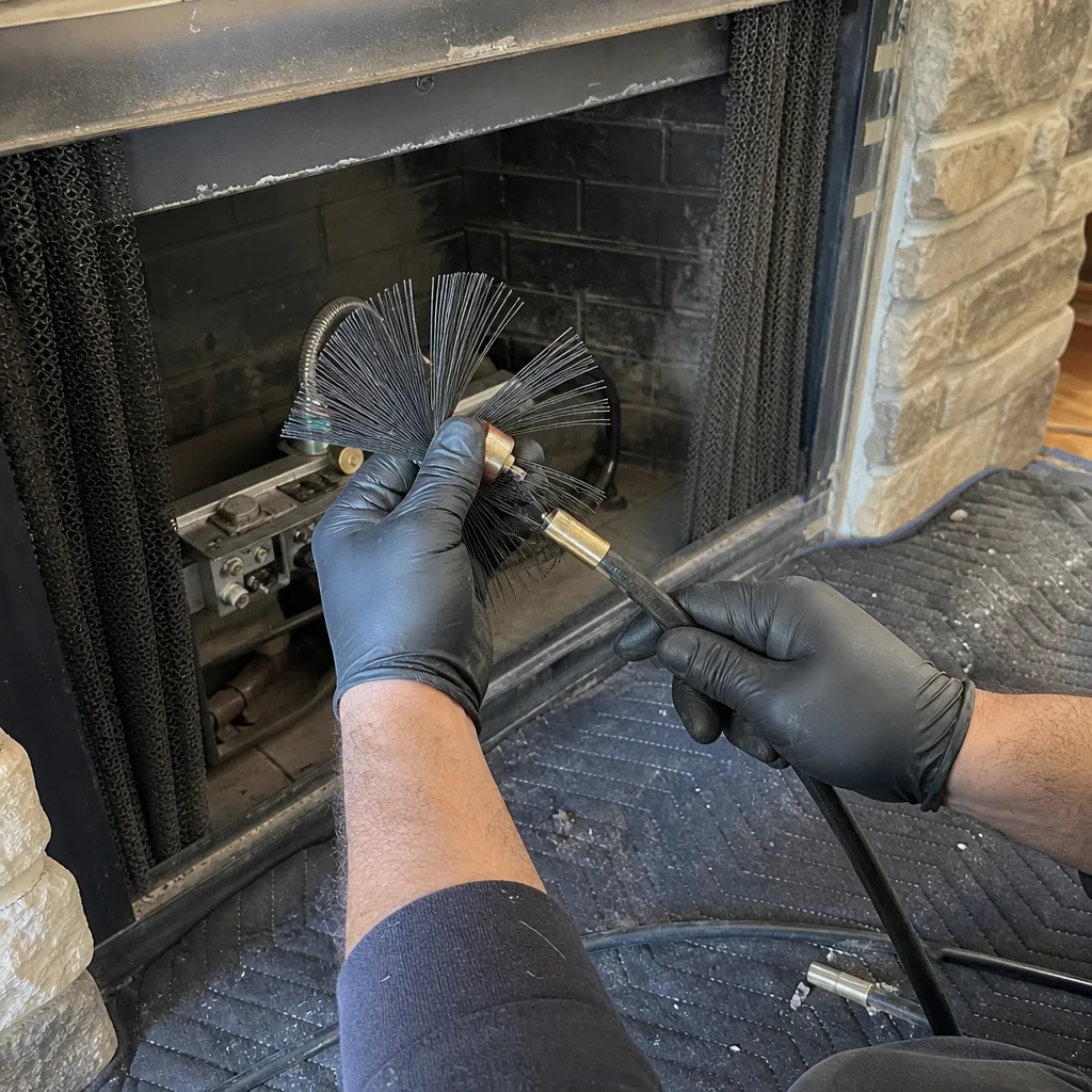 Technician cleaning gas fireplace burner with specialized brush tool