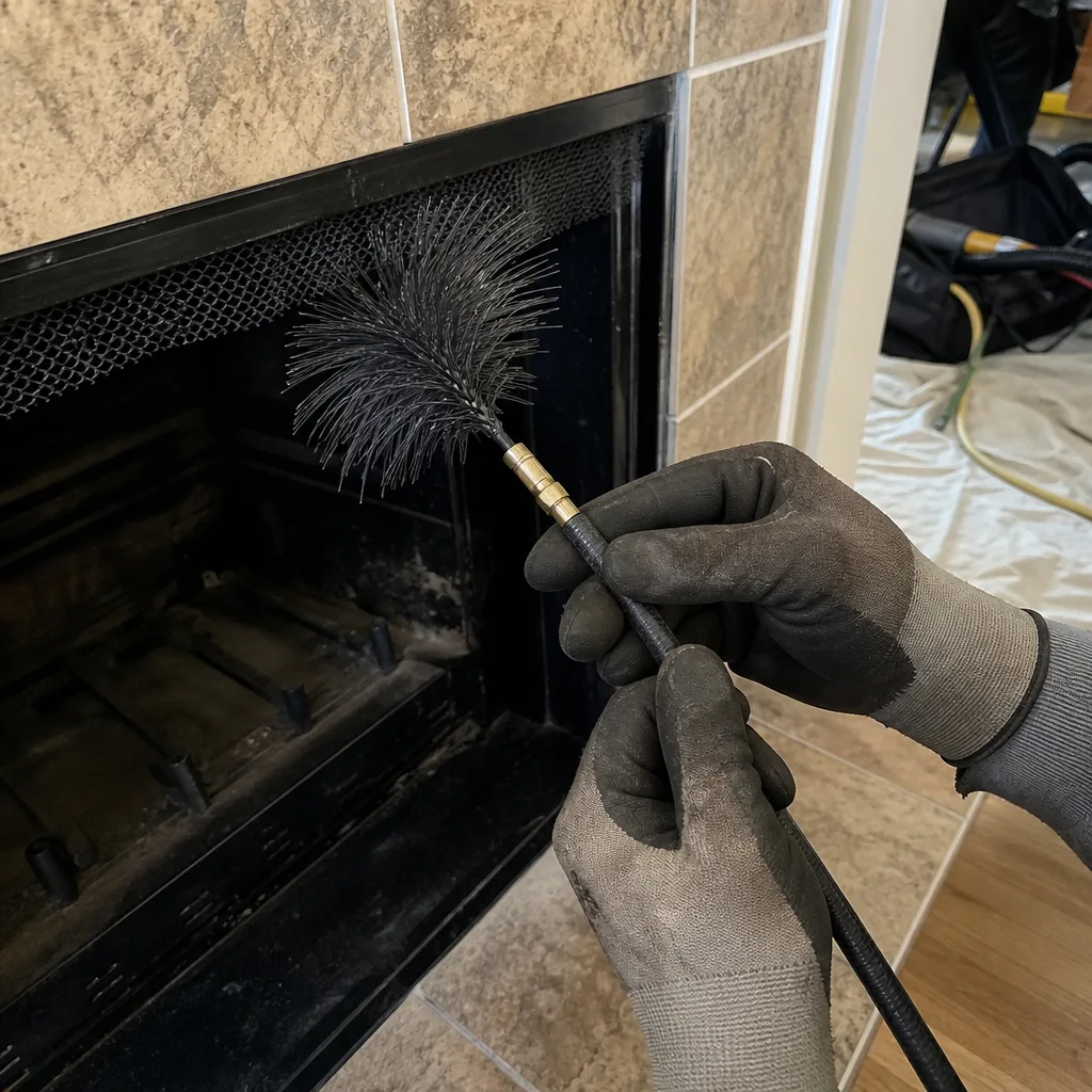 Technician using a chimney cleaning brush for gas fireplace repair.