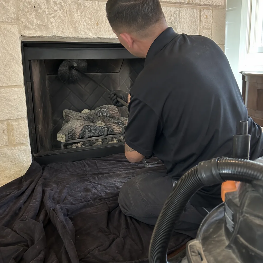 Professional technician cleaning the interior of a gas fireplace
